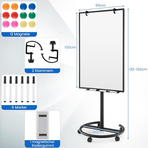 FANTASK Pizarra blanca, soporte de rotafolio, 100 x 65 cm, pizarra blanca móvil con ruedas, altura regulable hasta 192 cm, borrado en seco, magnético, con soporte redondo, imanes, marcadores y goma de - imagen 5