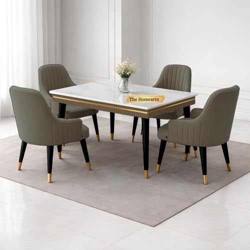 Image of Elara Modern Dining Table Set 4-Seater Wooden Dining Table Set | 1 Year Warranty | Nano Composite Marble Marble Top Table with 4 Chairs (Light Gray)