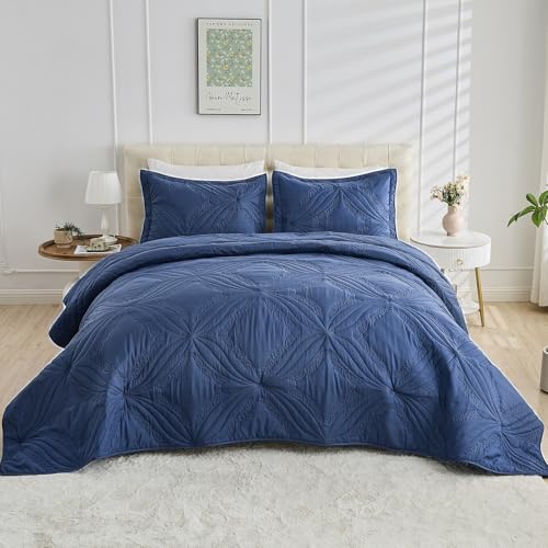 Image of Kingnex Oversized King Bedspreads 128x120 for Tall King or Cal King Bed Ultrasonic Quilted Coverlet Set 3 Piece Include 1 Extra Wide Quilt 2 Pillowcases Navy