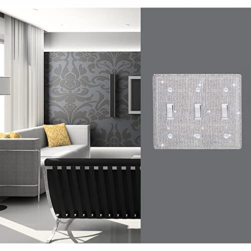 Image of Shiny Silver Rhinestones Wall Plate Cover Triple Toggle Light Switch Cover Durable Double Rhinestones Outlet Covers Wall Plate