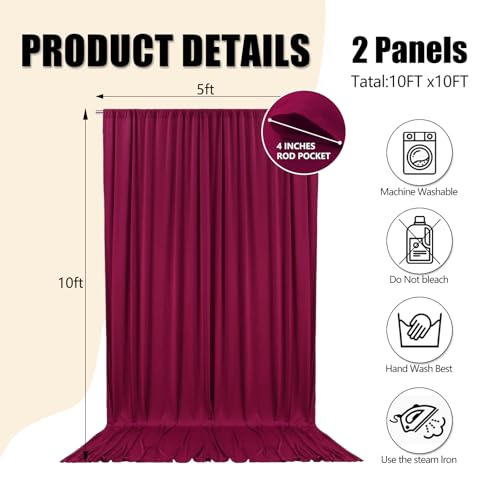 Image of 10ft x 10ft Burgundy Backdrop Curtains for Parties, Polyester Fabric Backdrop Drapes with Rod Pockets for Weddings, Birthday, Halloween, Photography, Christmas Party Background Curtain, 2 Panels