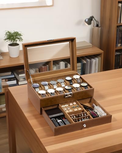 Image of Uten 12-Slot Watch Box, 2-Layers PU Leather Watch Case with Glass Lid, Watch Holder Organizer with Soft Pillow and Velvet Lining, Watch and Jewelry Storage Box, Brown