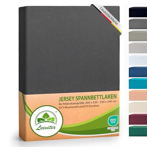 leevitex® Luxus Elasthan Jersey Spannbettlaken | 200x220 – 220x240 cm | Multistretch | 250 g/m² | 92% Mako-Baumwolle 8% Elasthan | 40cm Steghöhe | außergewöhnlich hochwertige Ausführung | Anthrazit