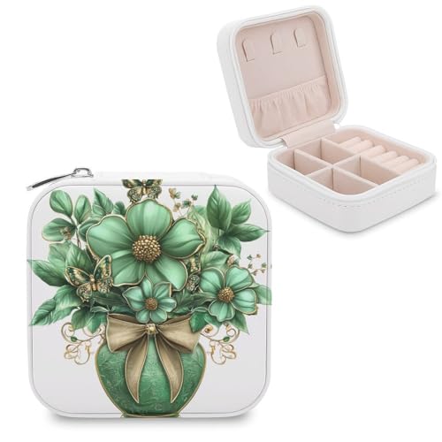 Jubonexis Bouquet de fleurs vertes dans un vase, petite boîte à bijoux, organisateur de bijoux portable en cuir PU, mini étui à bijoux de voyage