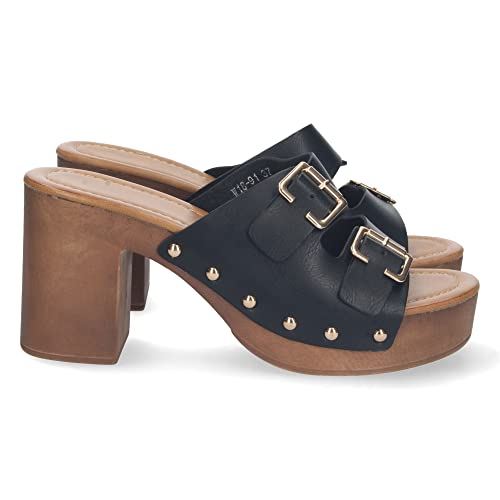 shoes&blues.es 72514 Sandalia de Tacon para Mujer, Comodo, Material de Imitacion a Madera, Palas con Hebillas, y Remaches, Talon Abierto Negro Talla 39
