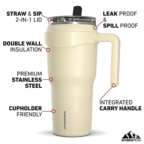 Hydrapeak Roadster 40Oz Tumbler With Handle And 2-In-1 Straw Lid, Insulated Leak Proof Double Walled Stainless Steel Coffee Travel Mug - Keeps Cold For 34 Hours Or Hot For 10 Hours (Modern Cream) #TOP1