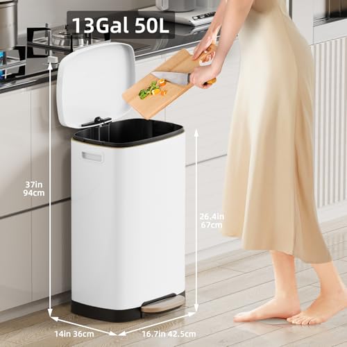 Image of KUK 13 Gallon Kitchen Trash Can with Lid, 50L /13Gal Office Step Garbage Can for Home, Kitchen, Laundry Room, Office, Brushed Stainless Steel, White
