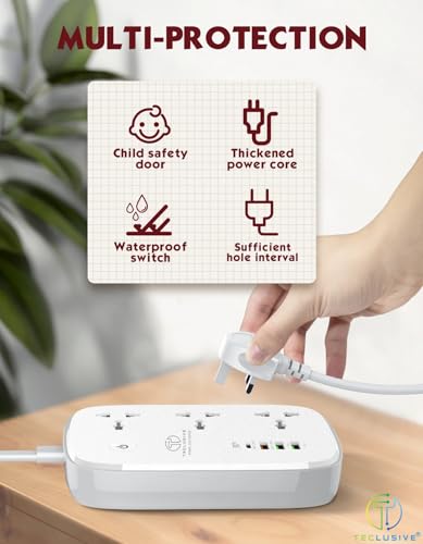 Image of T Teclusive Smart Power Strip WiFi Extension Board with Type C USB Ports | 2500w 3 Power Sockets with 30w USB C PD QC Fast Charging | 100V-250V Surge | App Control with Timer | Alexa Supported