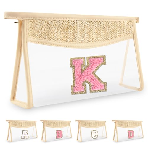 Small Boho Straw Initial Letter Makeup Bag Personalized Gift ,Cute Clear Chenille Patch Makeup Bag With Zipper,Trendy TSA Approved Travel Toiletry Bag,Gift for Women Girls Birthday Friend, Letter K