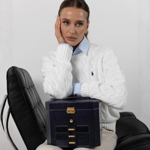 Image of Time Resistance Leather Jewelry Box - Full Grain Leather Jewellery Organizer - Lock Box for Women (Blue)