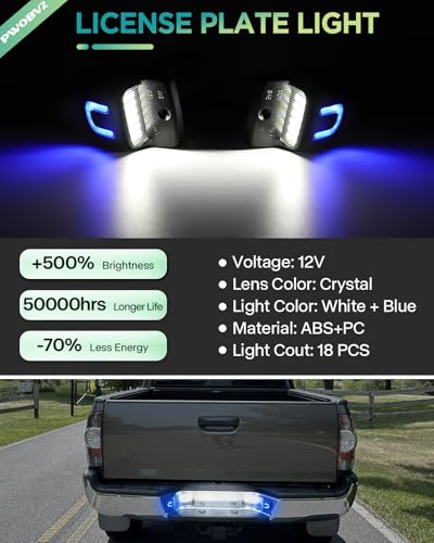 Image of White LED License Plate Lights for Toyota Tacoma 2005-2015 Tundra 2000-2013 | Full Blue U-Shape LED License Plate Lamp Assembly, 6000K White Rear Tag Lights, IP67 Waterproof, Plug & Play, Clear Len, 2PCS