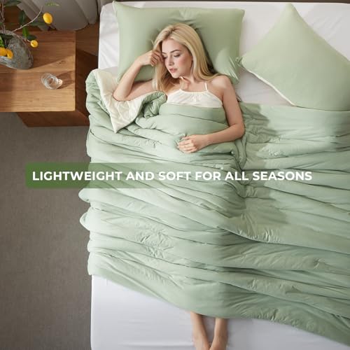 Image of Full Size Comforter Set, Comforters Full Size Luxury and Ultra-Soft Jersey Knit Bedding Set, Sage Green /Beige Lightweight Down Alternative Bed Comforter for All Season, 3 Piece Bedding Set