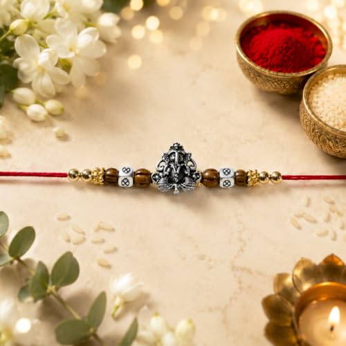 Image of Oblivion Rakhi For Brother - Elegant Stylish God Designer Rakhi with Beads and Silver Colour Pooja Coin, Tilak Set & Greeting Card - Traditional Raksha Bandhan Combo for Bhai (Ganesha, Variant 6)