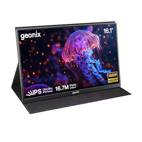 Image of GEONIX 16.1 inch Portable Monitor Full HD 1080p IPS Display, 300 Nits, Ultra Slim with Foldable Cover Stand, USB-C & Mini HDMI, Dual Speakers for Laptop, Phone, Tablet, Projector (Black)