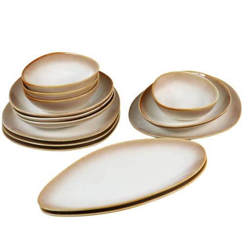 Kadum Keramik Teller 14-er Set | Modernes Geschirrset mit heller Farbglasur | 4 x Speiseteller Ø 26 cm | 4 x Pastaschüssel Ø 22 cm | 4 x Servierschale Ø 16 cm | 2 x Servierteller Ø 33 cm Cover