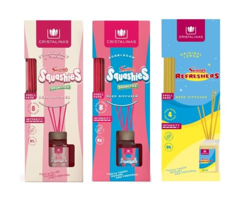 Image of Cristalinas - Swizzels Air Freshener Reed Diffuser Bundle - Strawberries & Cream Squashies, Bubblegum Squashies and Lemon Refreshers, Pack of 3 x 35ml, 8 Weeks