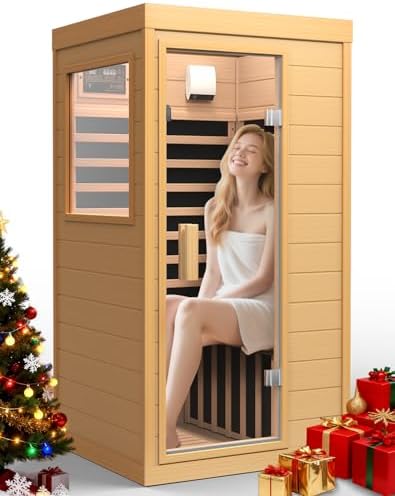 OUTARFIE Infrared Sauna with Red Light, Hemlock 1 Person Dry Sauna with Backrest, 1062W Fast Heating Low EMF Sauna with 5 Carbon Heaters, Sauna Infrared with Bluetooth & Integrated Speakers (Wood)
