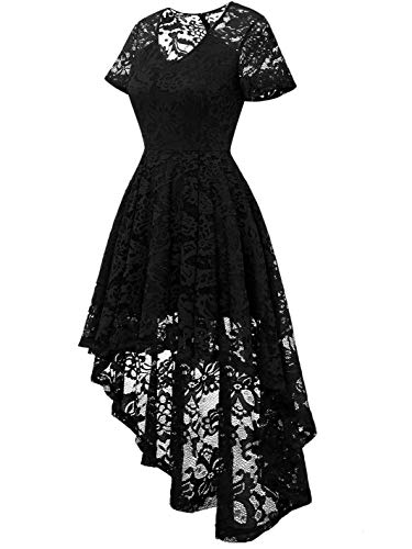 Muadress 6066 Women's Vintage Cocktail Dress Floral Lace V Neck Hi-Lo Party Dress Black Large #TOP1