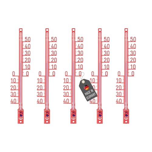 Lantelme 5 termometri da giardino, colore rosso, analogici, in plastica, da -40 a +50 °C, lunghezza 16 cm, da appendere, termometro, resistente alle intemperie, per interni ed esterni, da giardino