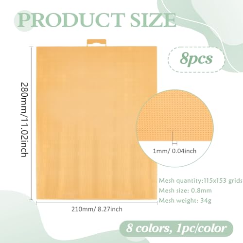 Image of BENECREAT 8Pcs 8 Colors Plastic Mesh Canvas, 14CT Mesh Plastic Canvas Sheets Mixed Color for Embroidery Crafting, Cross Stitching, Knit Crochet Yarn Crafting
