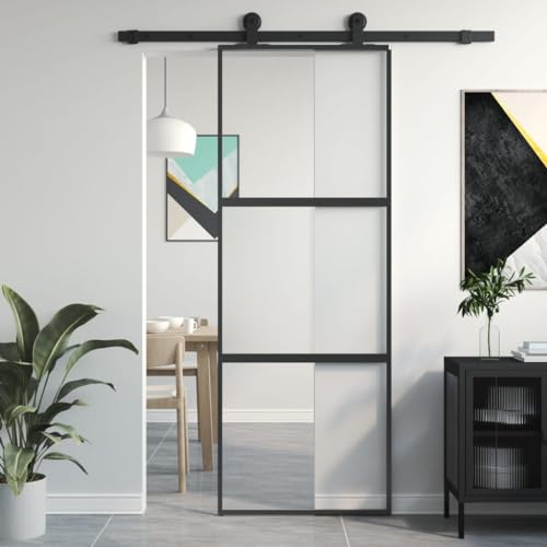 Gecheer Puerta, corredera, kit de montaje, de cristal ESG y aluminio, negro, transparente y mate, con 2 barras horizontales, 76 x 205 cm, juego de puertas abatibles, puerta corredera de cristal y
