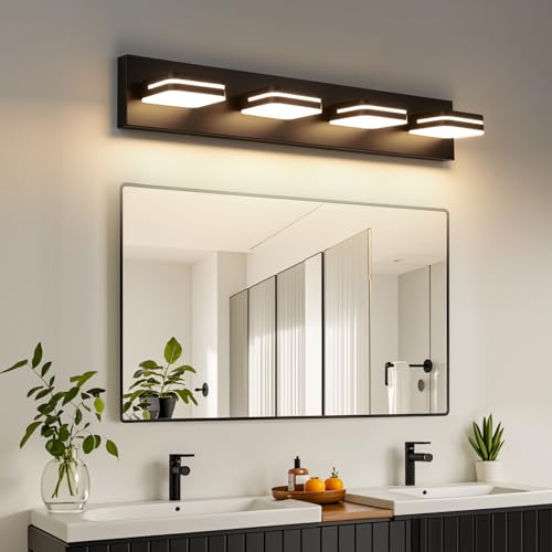 Image of Torondo 360 Rotate LED Bathroom Vanity Light Fixtures, Acrylic Vanity Lights for Bathroom, Modern Wall Lighting Fixtures Over Mirror Living, Matte Black, Warm White, 4-Light, 27-Inch