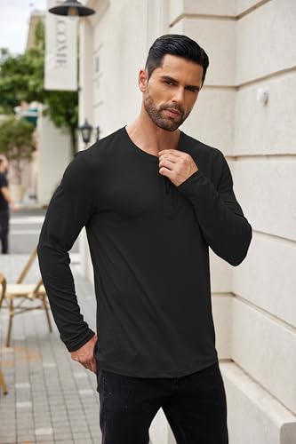 COOFANDY Camiseta Henley de Manga Larga para Hombre Jerséis Térmicos de Punto Camisetas sin Cuello Camisetas Lisas Tipo Abuelo Suéter Básico y Ligero para Hombre Negro & Azul Marino XL
