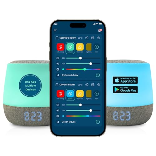 Image of Babysense Double Baby Sound & Light Machine, Operated via One App - USA only, RGB Night Light, Clock & Temp Display, Sleep Trainer, Schedules, White/Pink/Brown Noises, Lullabies & Sounds, Pack of 2
