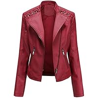 FLYCHEN Mujer Chaqueta Cuero Sintético Biker Chaqueta Saco Blazer Leather Jacket Chaqueta para Mujer Chaqueta con cremallera, Rojo, 2XL