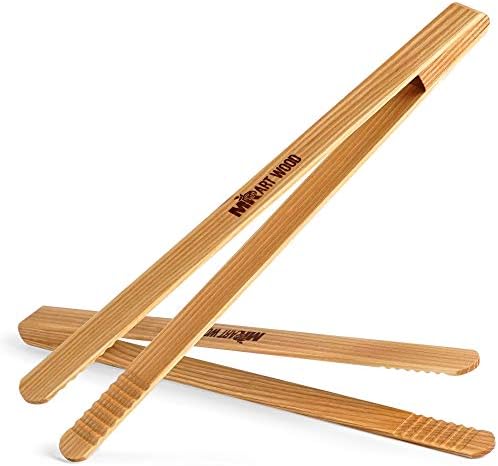 Mr.Art Wood Long Wooden BBQ Tongs (Pack of 2), 11.8" Length - Made in Europe, Best for Grilled Meat, Steaks, Fruits, Vegetables or Bread & Toaster at Kitchen, 100% Natural Ash Wood
