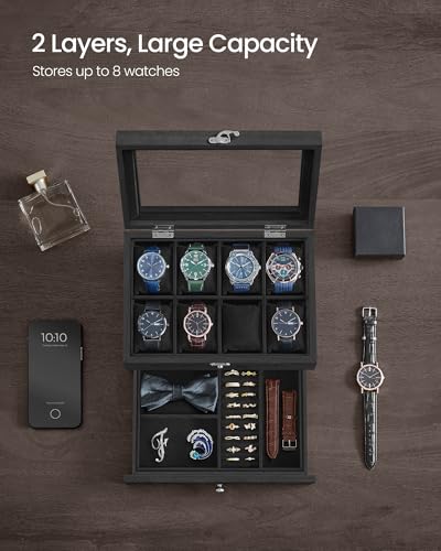 SONGMICS 8-Slot Watch Box, 2-Tier Display Case With Large Glass Lid, Removable Pillows, Velvet Lining, Jewelry Box, Gift Idea, Ink Black UJOW008B02 - Thumbnail 3