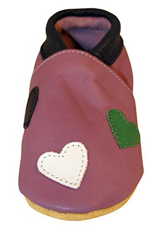 Scarpe da bambino Three Little Imps fatte a mano in morbida pelle - Cuoricini su sfondo lilla 6-12m (MHLI)