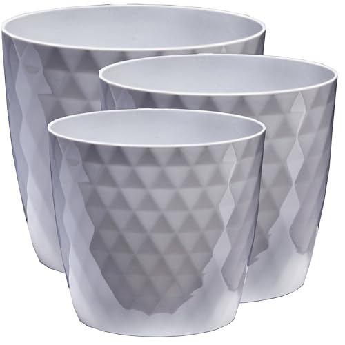 Home Garden Ornaments Blumentopf Set 3 Stück – Blumentöpfe/Pflanzentopf Kunststoff Übertopf 14/16/18 cm glänzend Kristallstruktur (Grau)