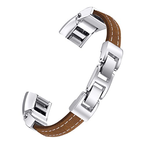bayite Leather Bands Compatible Fitbit Alta and Alta HR, Adjustable Metal Buckle Leather Wristband, Brown Large 6.7