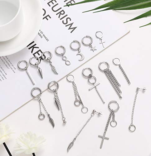 Revolia 16 Pieces Stainless Steel Hoop Dangle Earrings For Men Women Non-Piercing Earrings Hinged Huggie Earrings Set Piercing #TOP1