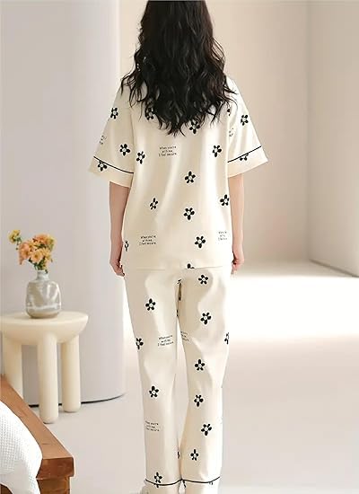 Image of Women's Pajama Set with Top & Pants|| Korean Night Wear|| Loose Fit Home Wear || Lightweight Printed Set || Soft & Comfy Girls & Women