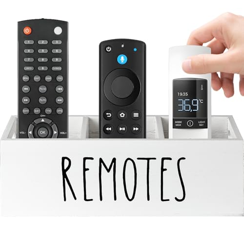 HAUYEST Soporte para control remoto, soporte para control remoto de TV con 3 compartimentos, organizador remoto para mesa, caja de madera para mesita de noche, caja de almacenamiento multimedia para