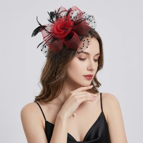 Image of DRESHOW Fascinators Hat Flower Mesh Ribbons Feathers on a Headband and a Clip Tea Party Headwear for Girls and Women