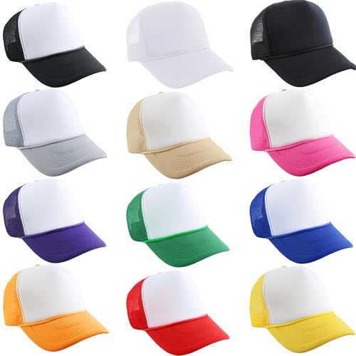 Skyebed 12 Stück DIY Blank Trucker Cap Mesh Sublimation Hut mit Seil Verstellbare Sommer Baseball Cap für Erwachsene Männer Frauen Reiten Reisen Camping Outdoor Sport, Farbset 2, Einheitsgröße