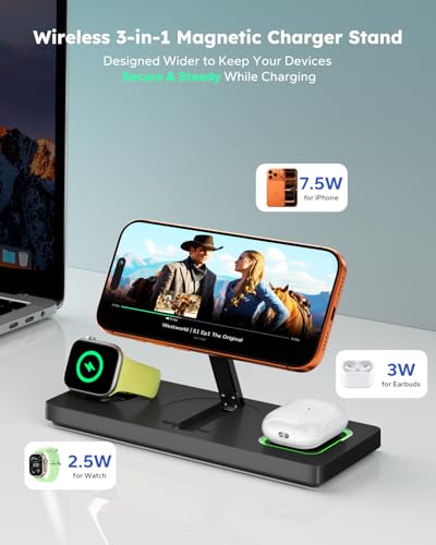 Foldable 3 in 1 Charging Station for Magsafe, Magnetic Phone and Watch Charger Stand for Apple Devices, Wireless Desk Charger Dock for iPhone 17 16 15 14 13 12 Series, Apple Watch and Airpods — view 4