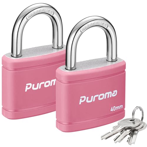 Puroma 2 Pack Keyed Padlock with 3 Keys Alike, 7/8 Inch Locker Lock 40mm Heavy-Duty Locks for Gate Fence Hasp Cabinet Toolbox School Gym Locker (Pink)