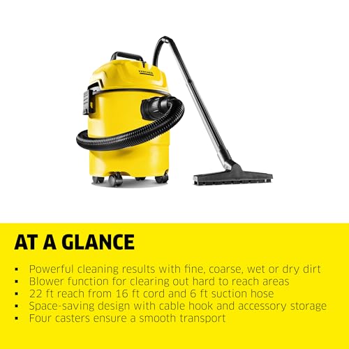 Image of Karcher WD 1 Classic Multi-Purpose 4 Gallon Wet-Dry Shop Vacuum Cleaner with Floor Nozzle, Crevice Nozzle, Blower Feature, Compact Space-Saving Design, 900W