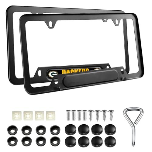 2PCS Black License Plate Frames Premium Aluminum Alloy Weather Proof License Plate Covers with Screw Caps Cover Set