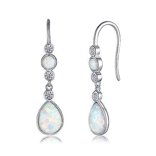FANCIME Created Opal Earrings Sterling Silver Hook Earrings with 2 White Fire Opal Stones Teardrop October Birthstone Earrings Fine Jewelry for Women