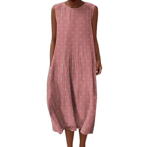 Vestido Largo sin Mangas Mujer de Lino y Algodón, Estilo Boho Chic Estampado Floral con Bolsillos, Vestido Verano 2026 Fresco y Suelto para Playa o Vacaciones, Tallas Grandes Casual Elegante