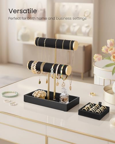 Image of SONGMICS Bracelet Holder Stand, Jewelry Display Stand, Jewelry Organizer, with 2 Tiers and Velvet Tray, Removable Ring Holder, Ink Black and Pale Gold UJJS039B101