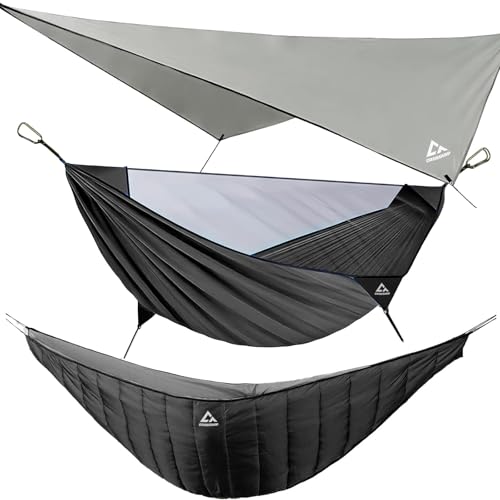 CROSSHIP Camping Hammock with Mosquito Net, Underquilt & Rain Fly Tarp – 2 Person Portable Hammock Set for Hiking, Backpacking, Travel, Backyard, Beach – Holds Up to 500lbs (Black)