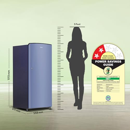Image of Haier 185L 2 Star Direct Cool Single Door Refrigerator | Toughened Glass Shelves | Large Veg Box | Fast Ice Making | Longer Cooling Retention | Easy Clean Back (HED-19TRB-N, Radish Blue)