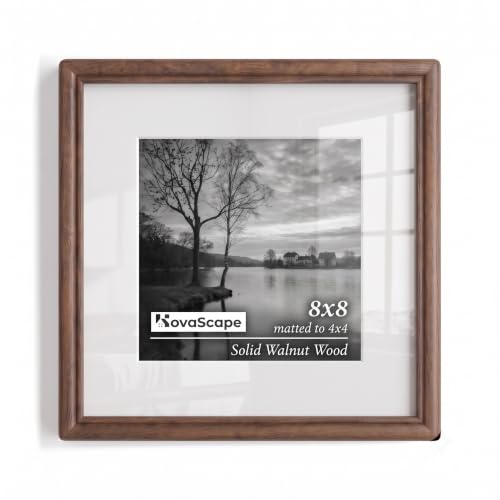 Image of KovaScape Square Picture Frame, Solid Walnut Wood Frame, Double Arc Round Corner Hand Craft Photo Frame, 8x8 Matted to 4x4, 8 by 8 Frame with HD Real Glass,Wall or Tabletop Display,Pack of 1