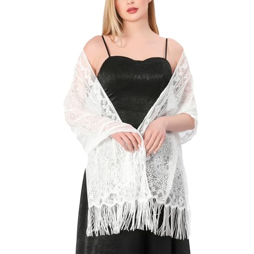 Lamca Chales y envolturas de encaje para mujer, bufanda de encaje floral, bufanda de pashmina para boda, noche, bufanda para mujer, Reino Unido, Blanco-a, Talla única